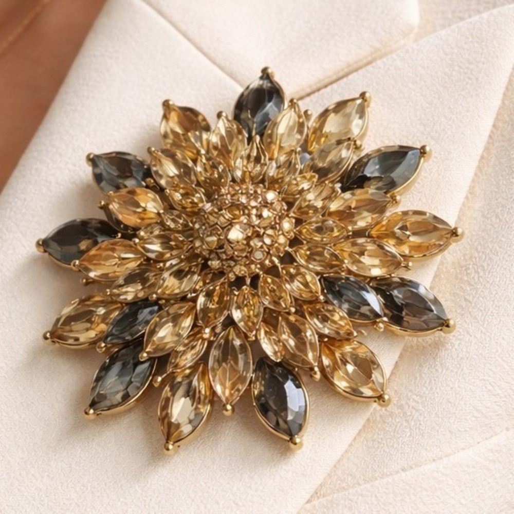 VTG Navette Rhinestone Brooch Blue Champagne Starburst Floral Pin Statement
